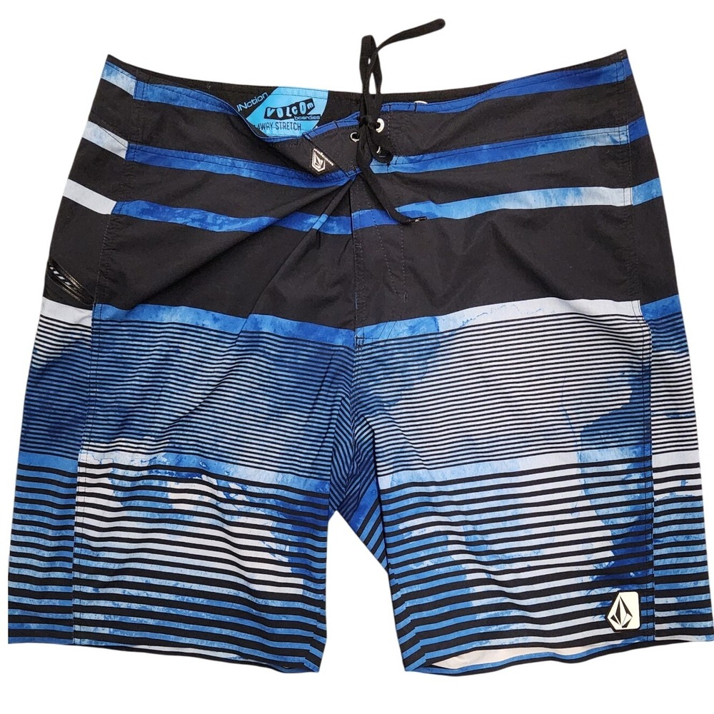 Volcom Boardies Swim Trunks Shorts Black Blue Striped 4-Way Stretch V4S